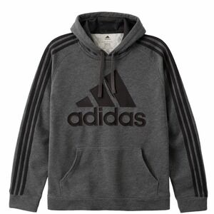Adidas Mens Essentials Hoodie Charcoal Heather Grey Black 3-Stripe Fleece Medium